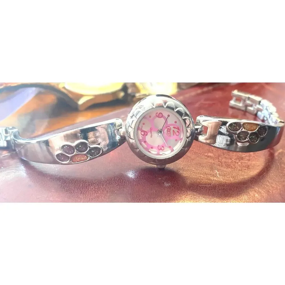 Women's silver Tone 22mm Foxy Watch, Purple and Pink Flower Pattern Face/Band